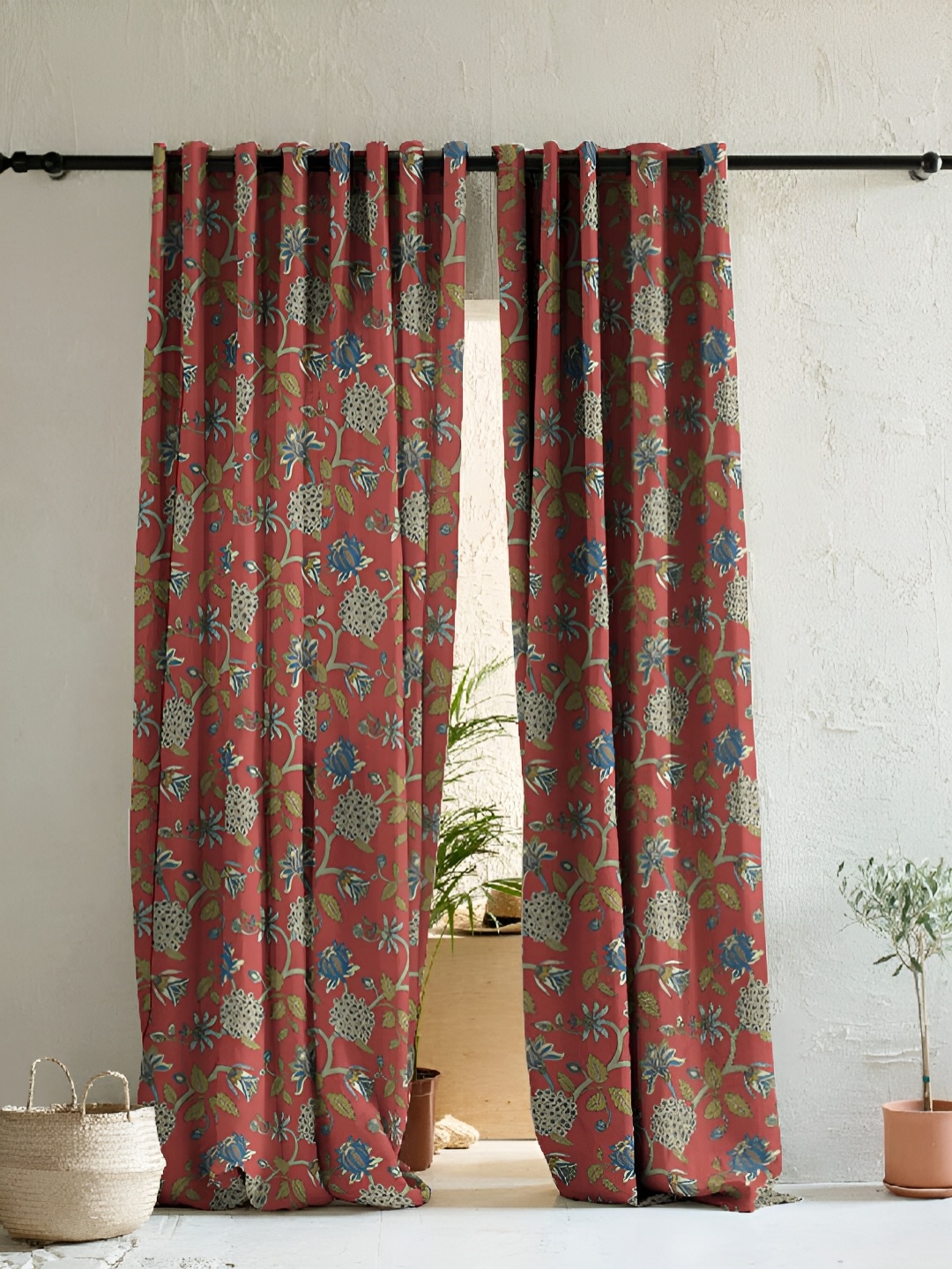 

SPACES Red & Blue 2 Pieces Floral Heavy Satin Room Darkening Door Curtains