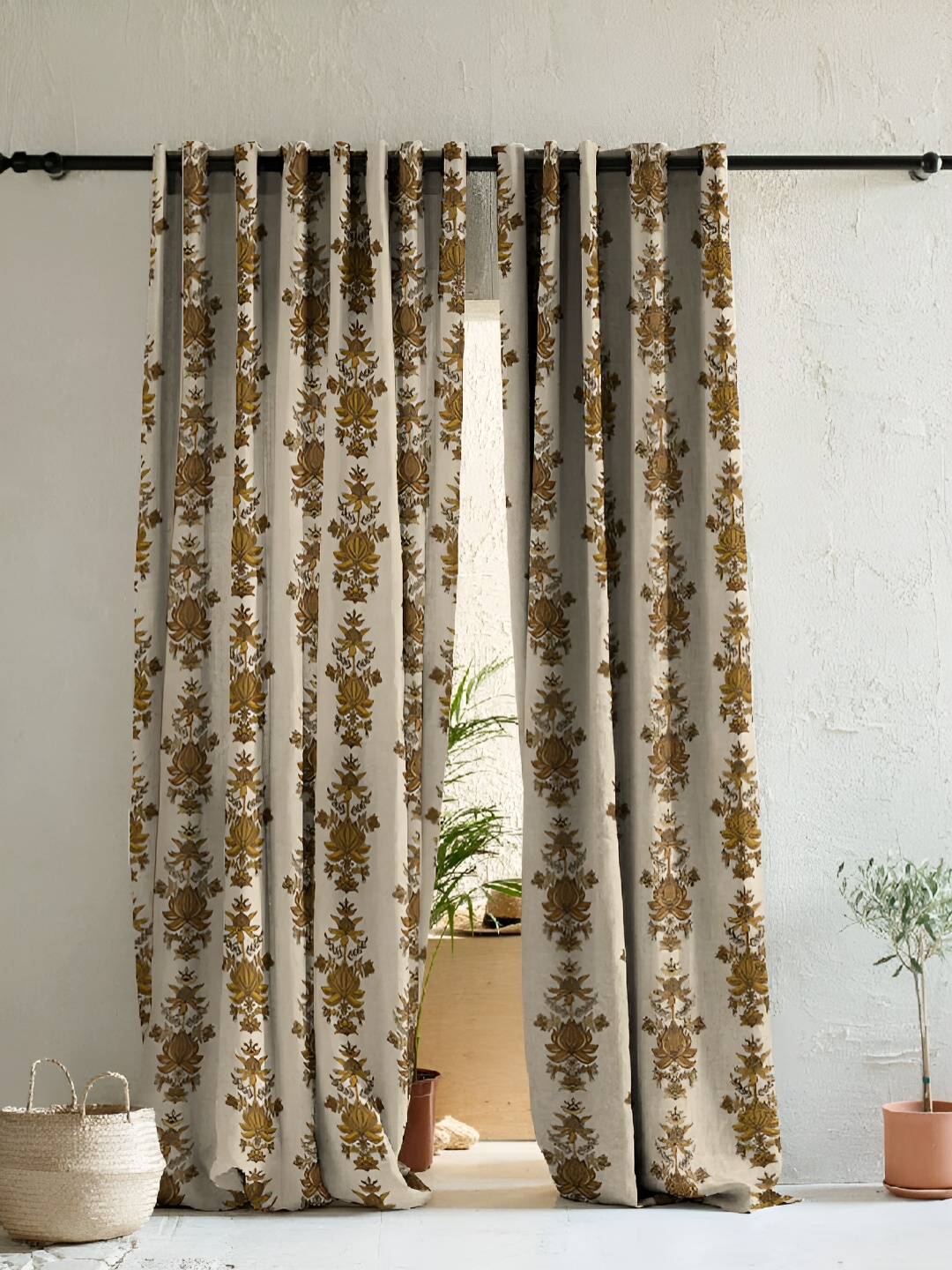 

SPACES Cream-Coloured & Green 2 Pieces Floral Room Darkening Door Curtain