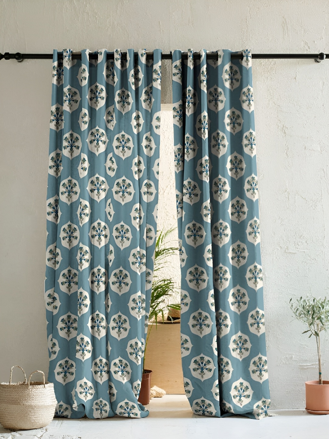

SPACES Blue & Cream-Coloured 2 Pieces Floral Satin Eyelet Long Door Curtains