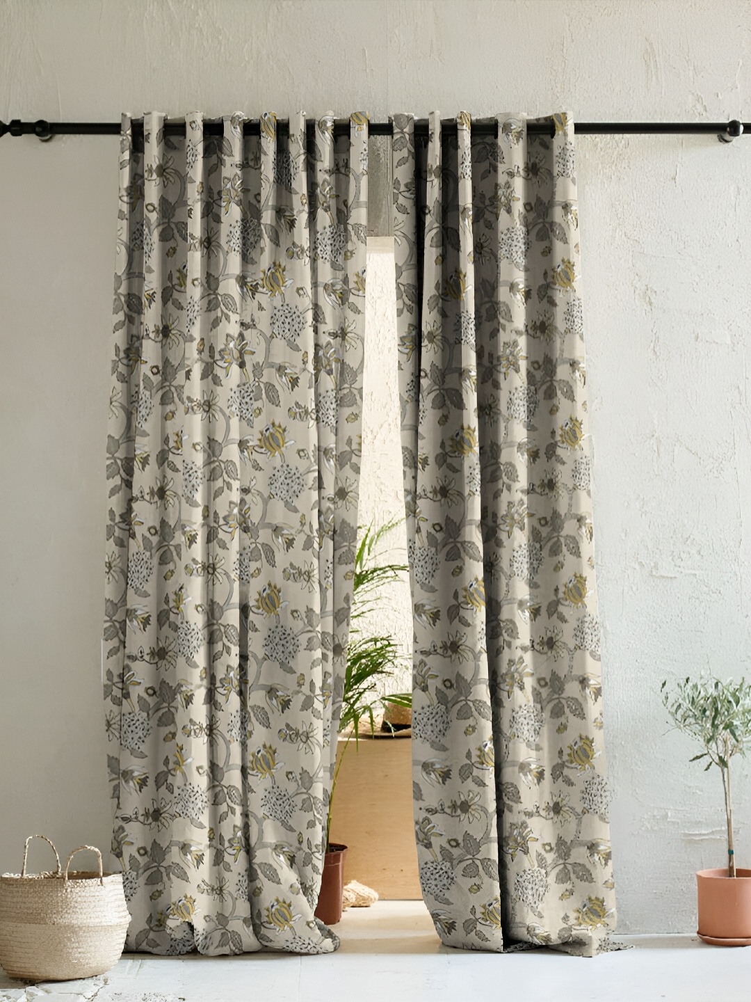 

SPACES meraki collection Beige & White 2 Pieces Printed Room Darkening Long Door Curtains