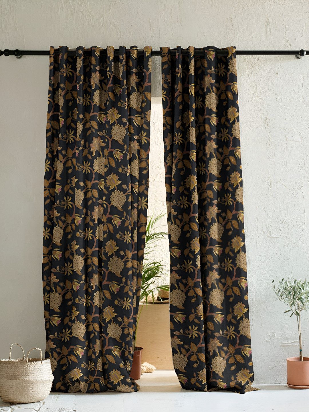 

SPACES Black & Yellow 2 Pieces Floral Printed Room Darkening Long Door Curtains