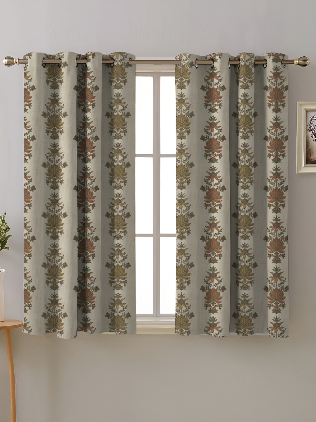 

SPACES Green & Beige 2 Pieces Floral Printed Room Darkening Window Curtains