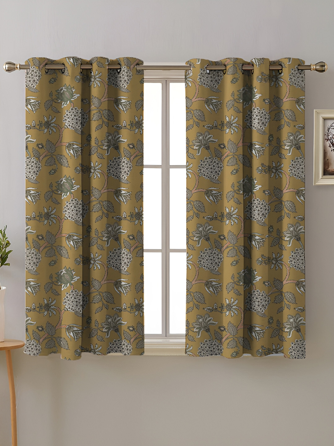 

SPACES Yellow & Grey 2 Pieces Floral Satin Eyelet Window Curtains