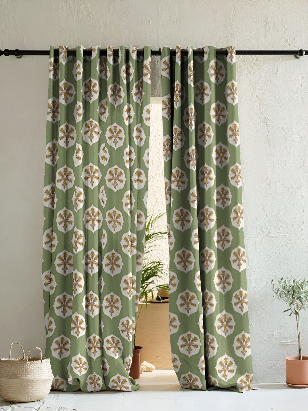 

SPACES meraki collection Green & Cream 2 Pieces Printed Room Darkening Door Curtains