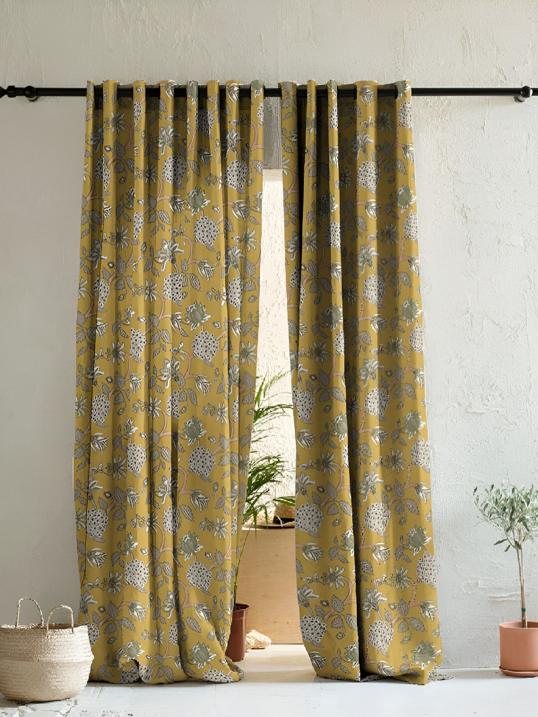

SPACES Yellow & White 2 Pieces Floral Printed Stain Room Darkening Door Curtain