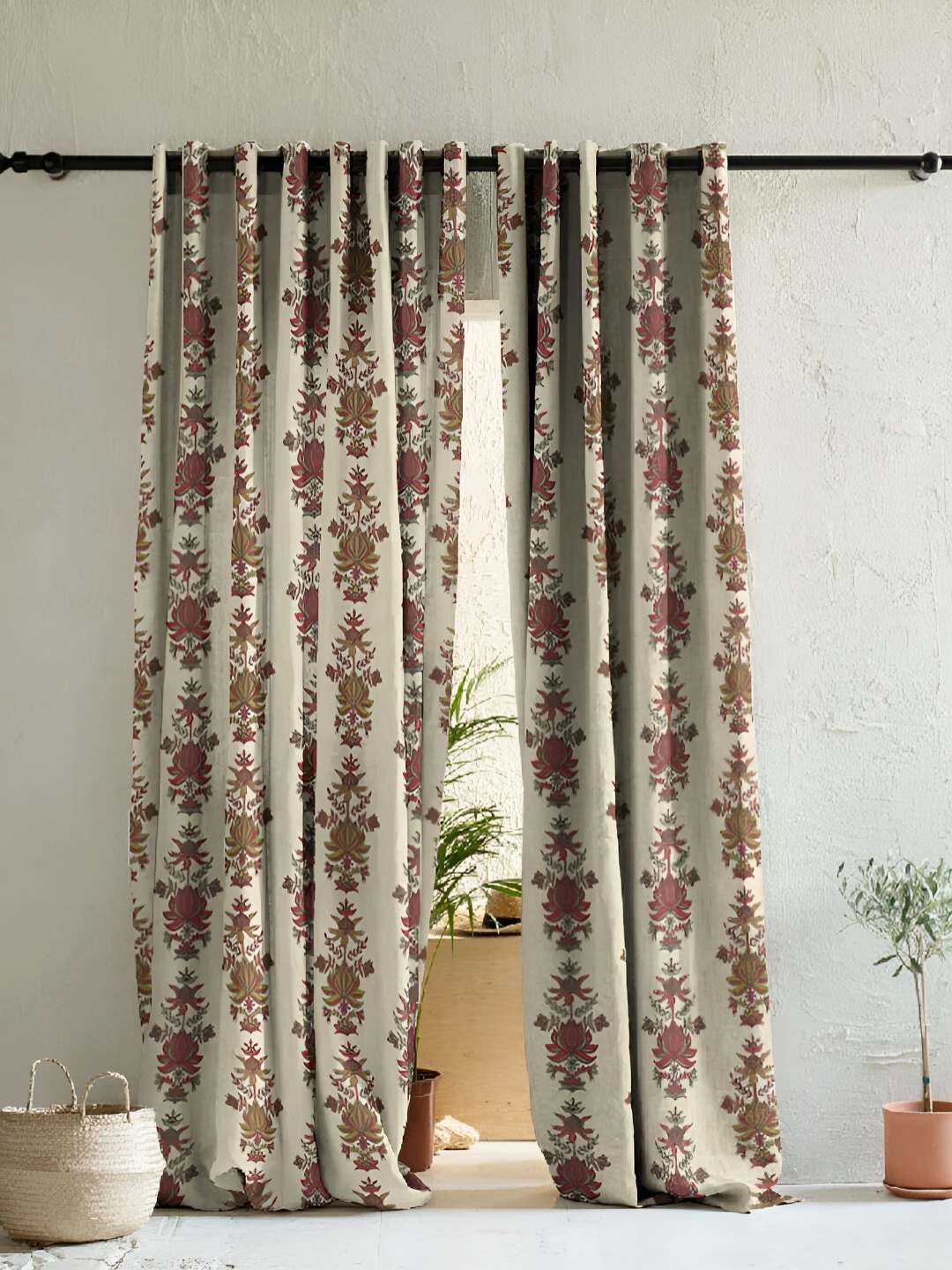 

SPACES Cream-Coloured & Red 2 Pieces Floral Satin Eyelet Door Curtains