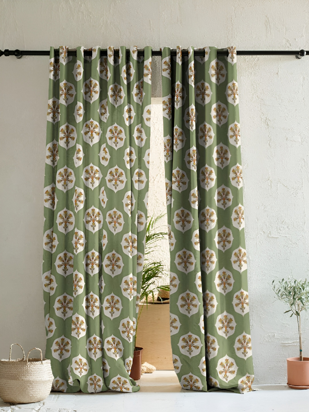 

SPACES meraki collection Green & Cream 2 Pcs Floral Room Darkening Long Door Curtains