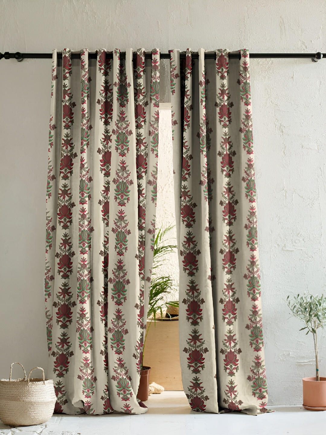 

SPACES meraki Cream & Brown 2 Pieces Floral Printed Room Darkening Long Door Curtains