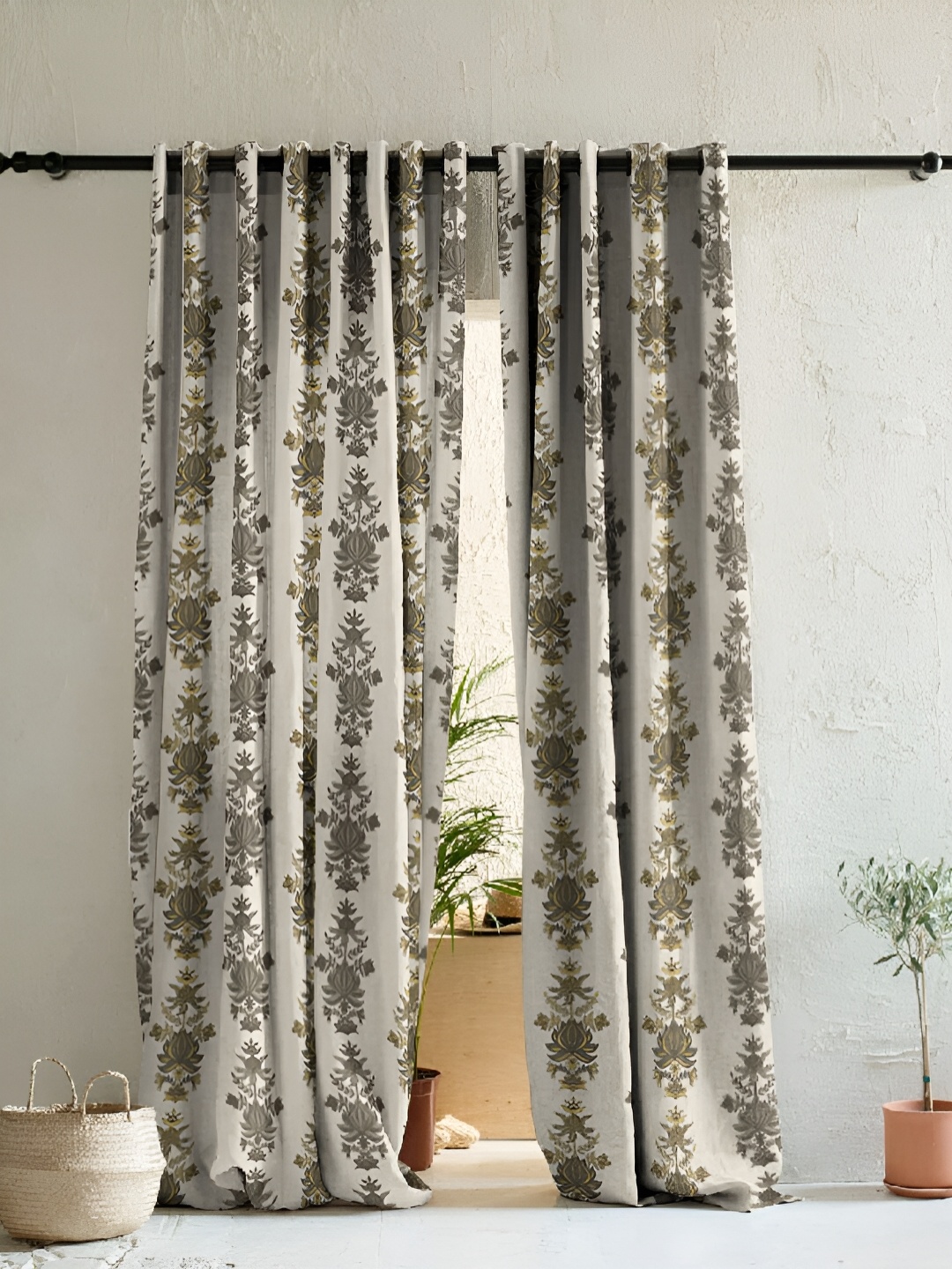 

SPACES Beige & Green 2 Pieces Floral Satin Eyelet Door Curtains