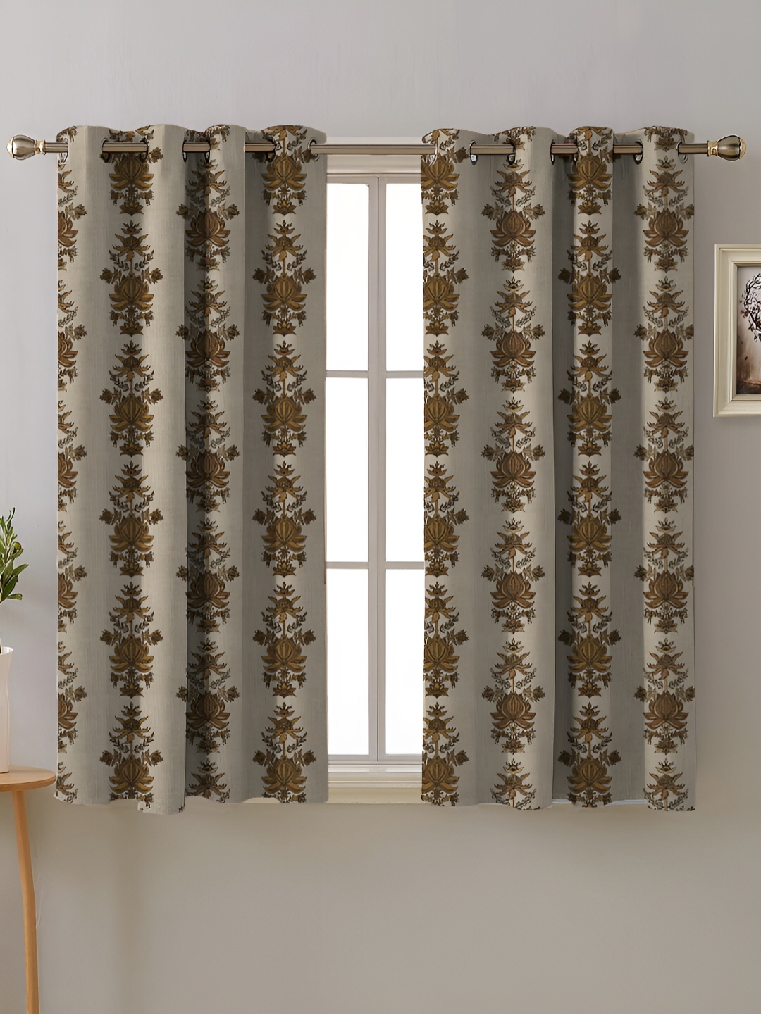 

SPACES Beige & Green 2 Pieces Floral Printed Heavy Satin Room Darkening Window Curtains