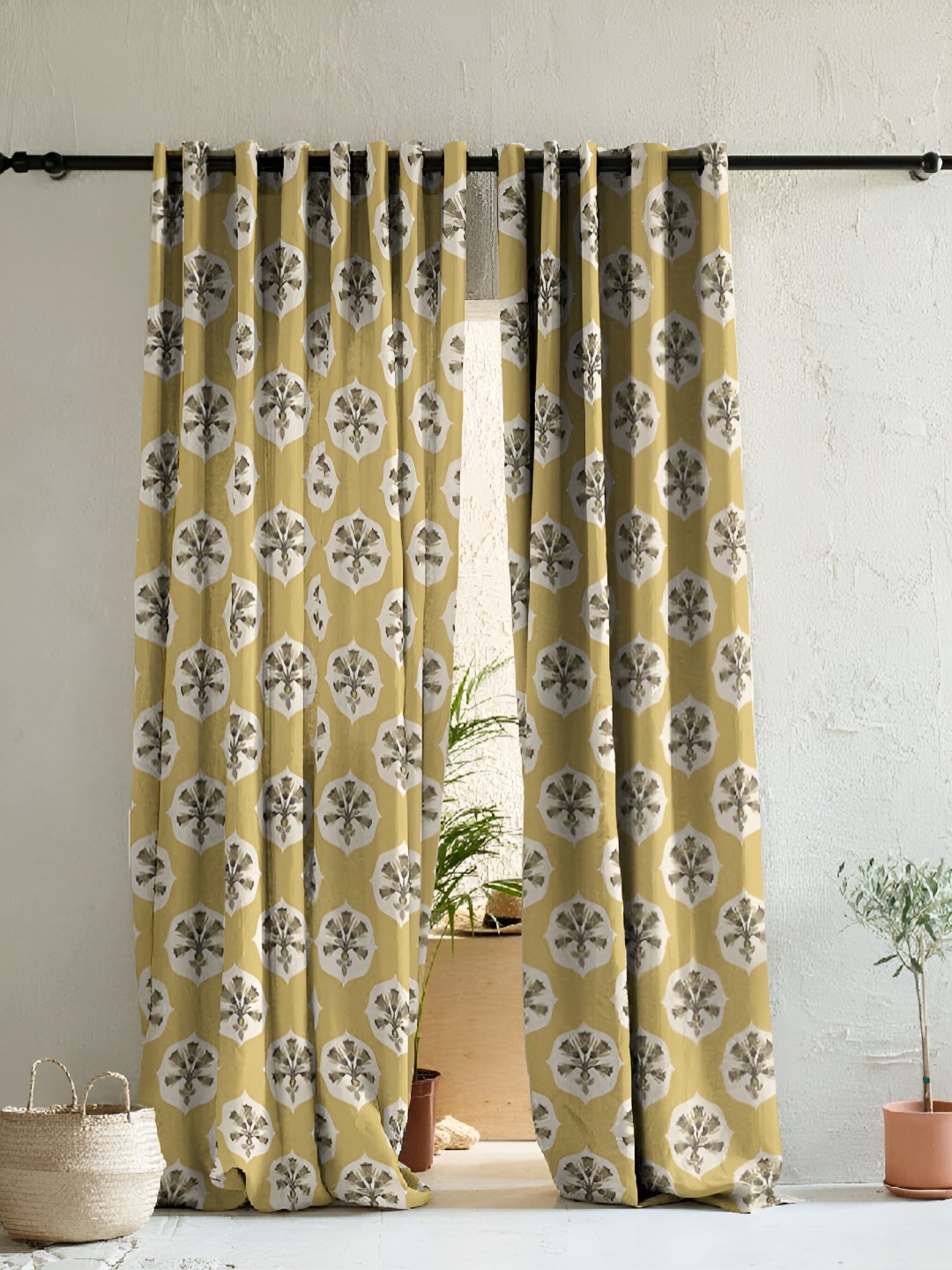 

SPACES Yellow & Beige 2 Pieces Floral Printed Satin Room Darkening Long Door Curtain