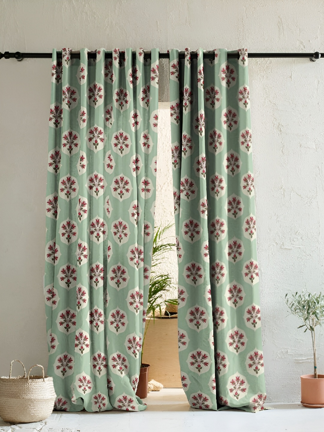 

SPACES Green & Cream-Coloured 2 Pieces Floral Printed Room Darkening Long Door Curtains