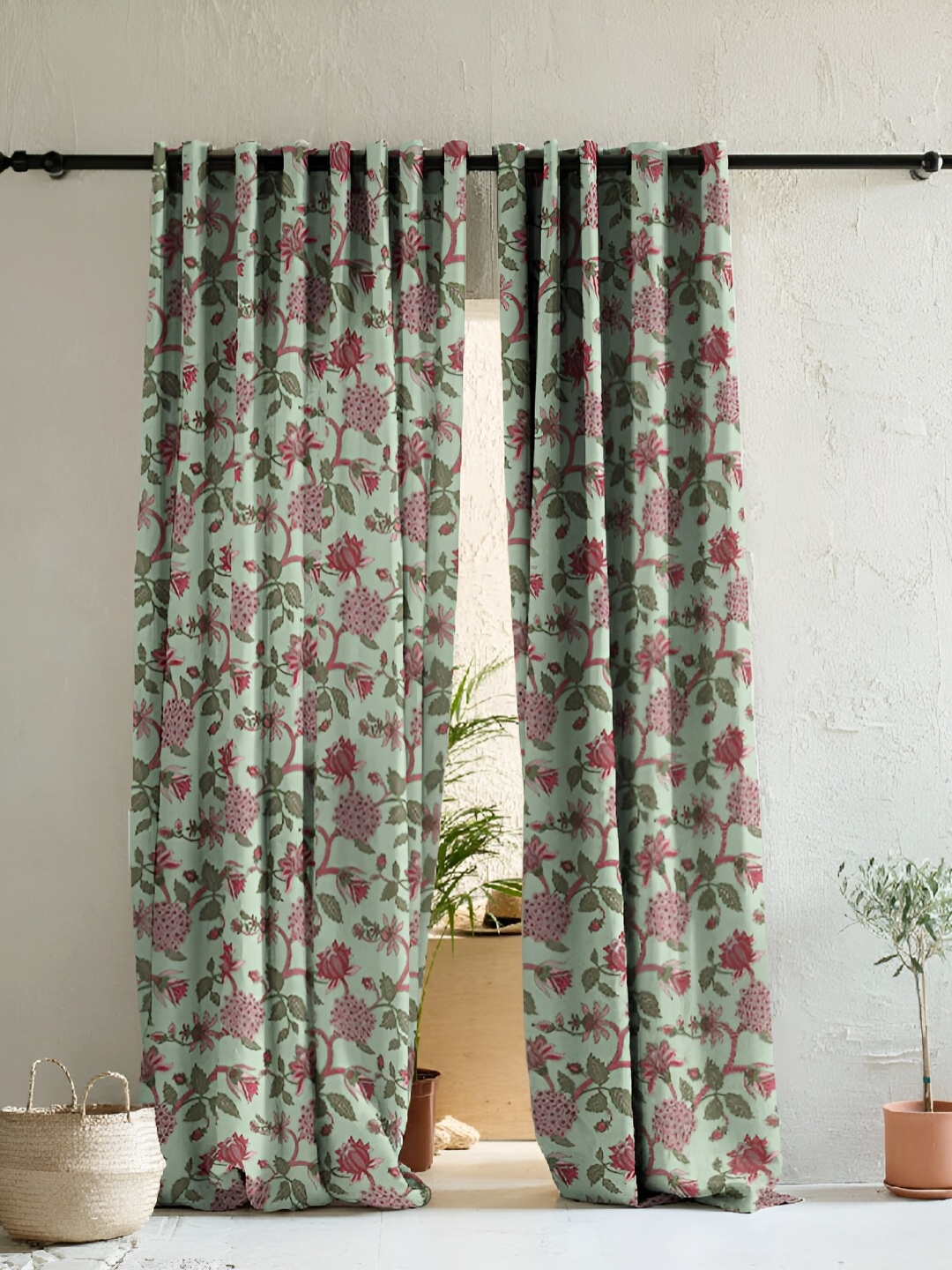 

SPACES Green & Pink 2 Pcs Floral Printed Room Darkening Long Door Curtain