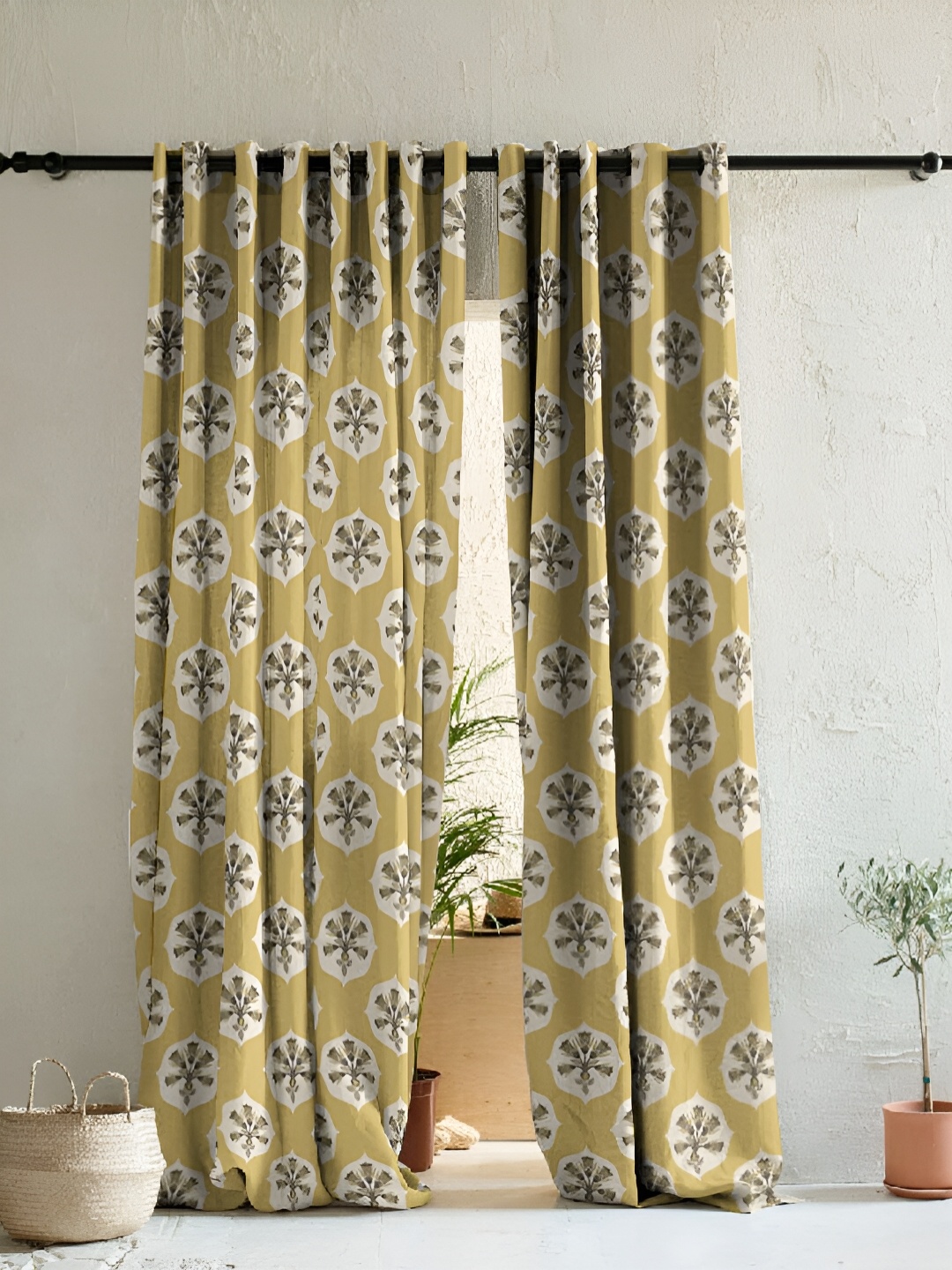 

SPACES Yellow & Beige 2 Pieces Floral Room Darkening Door Curtains