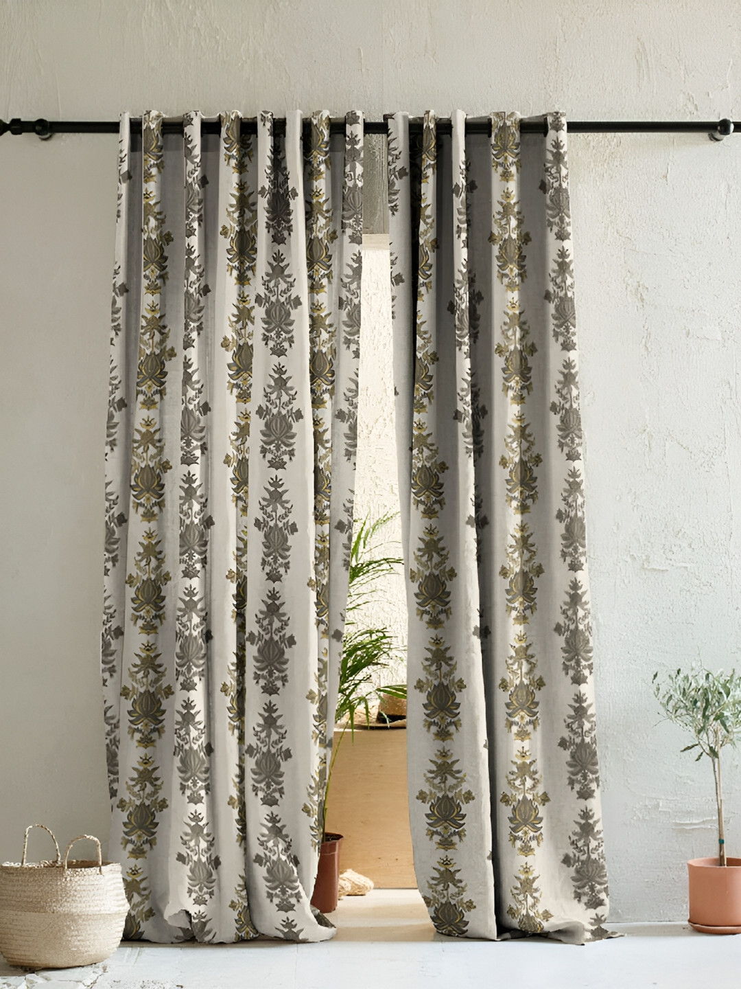 

SPACES Green & Cream 2 Pieces Floral Printed Room Darkening Long Door Curtains