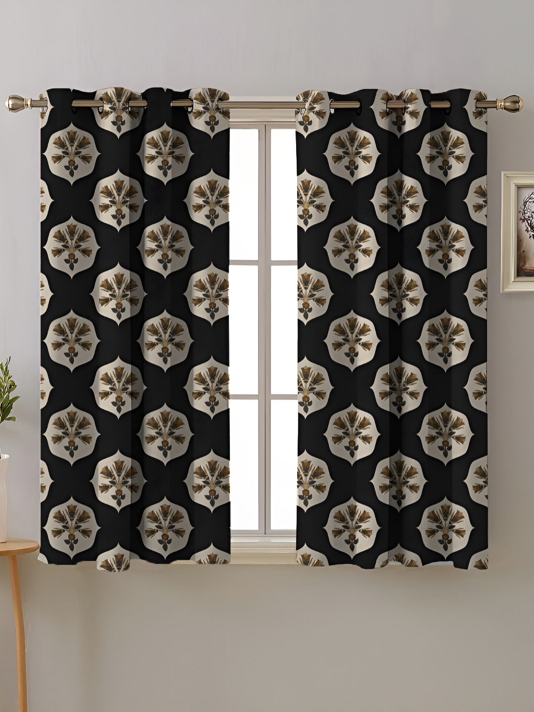 

SPACES meraki collection Black & Beige 2 Pieces Printed Room Darkening Window Curtains