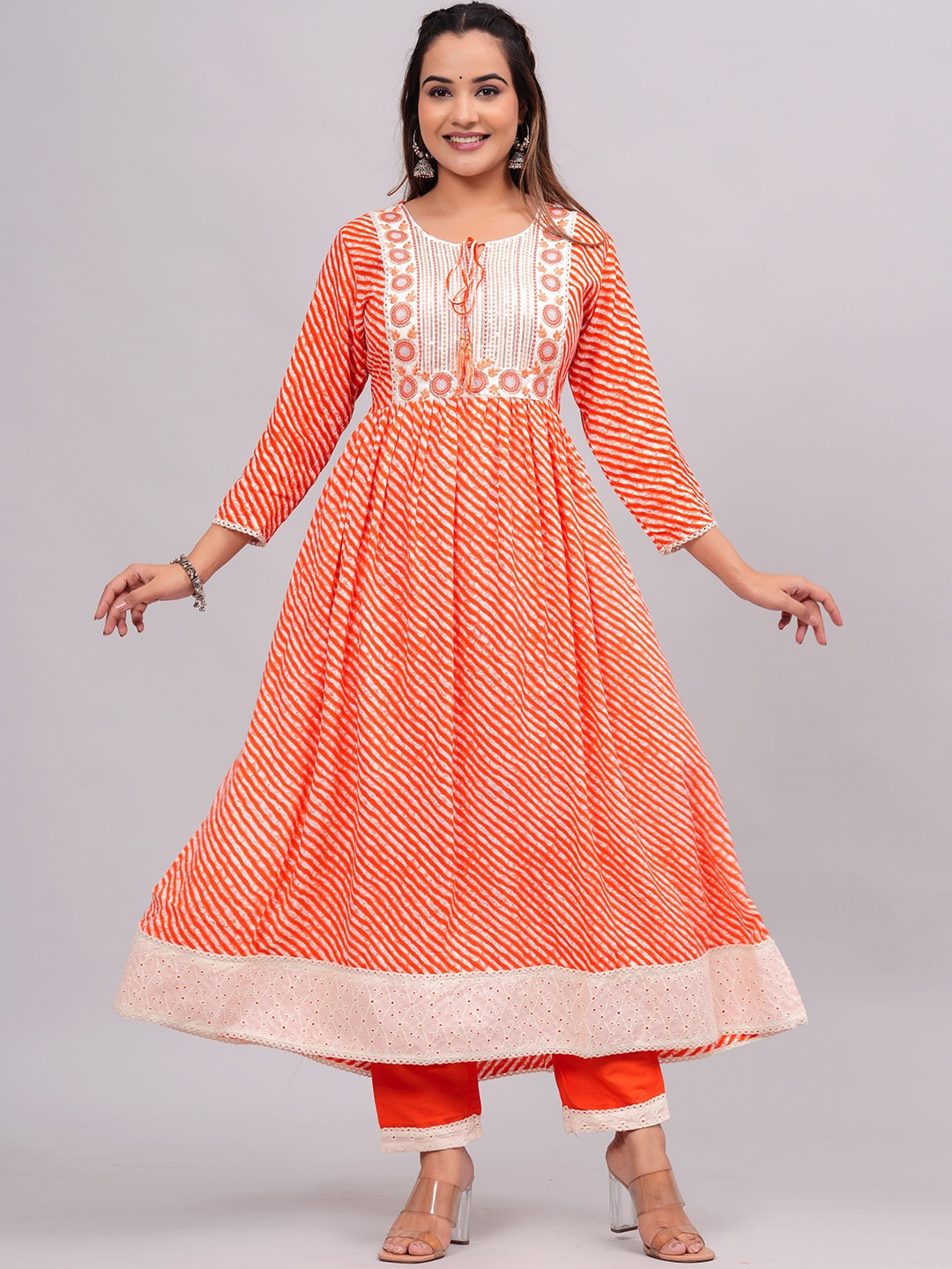 

KALINI Bandhani Printed Thread Work Kurta & Trousers With Dupatta, Orange