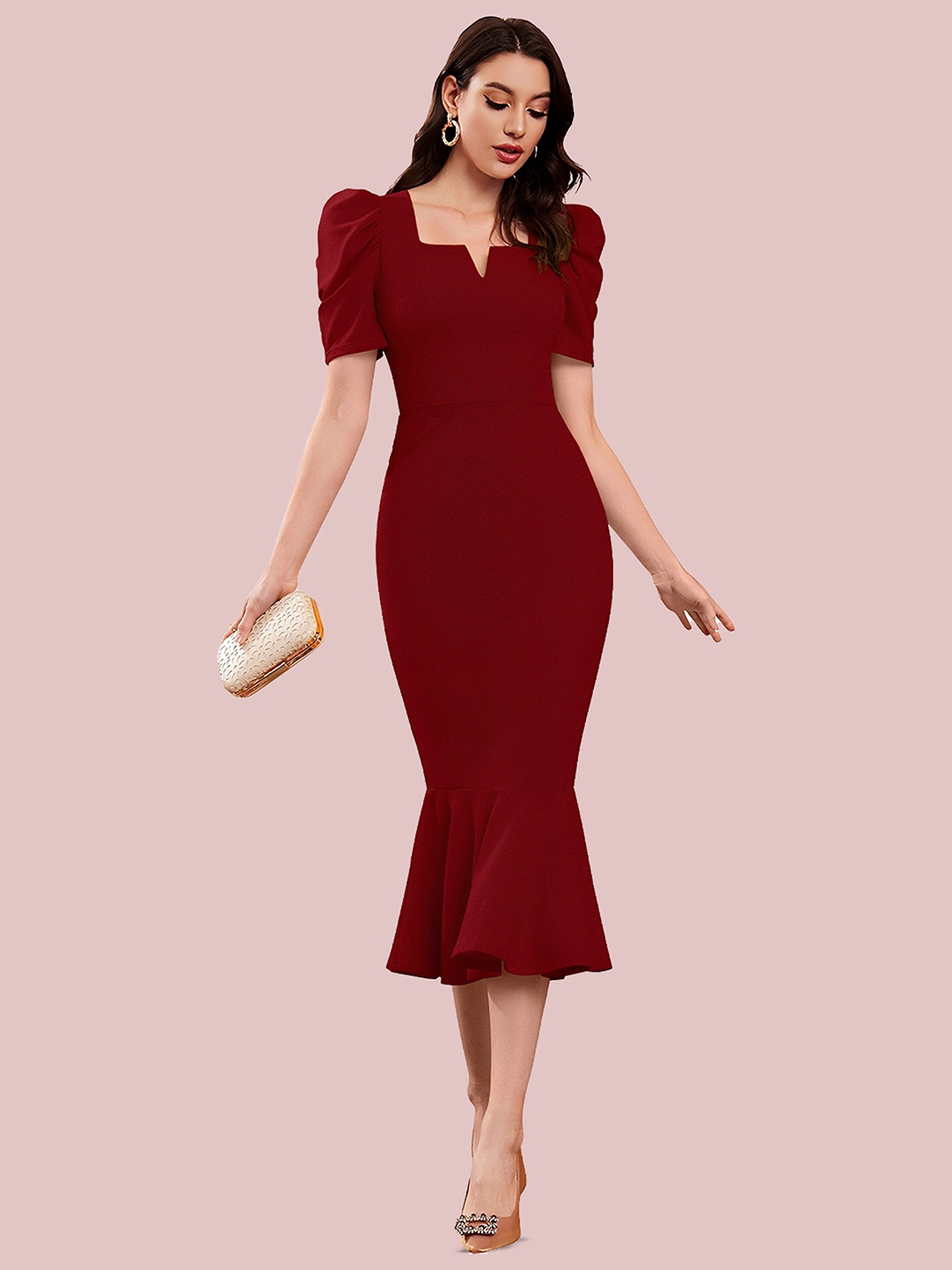 

N N ENTERPRISE Puff Sleeve Sheath Midi Dress, Maroon