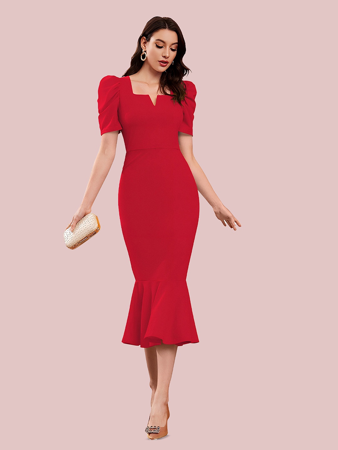 

N N ENTERPRISE Puff Sleeve Sheath Midi Dress, Red