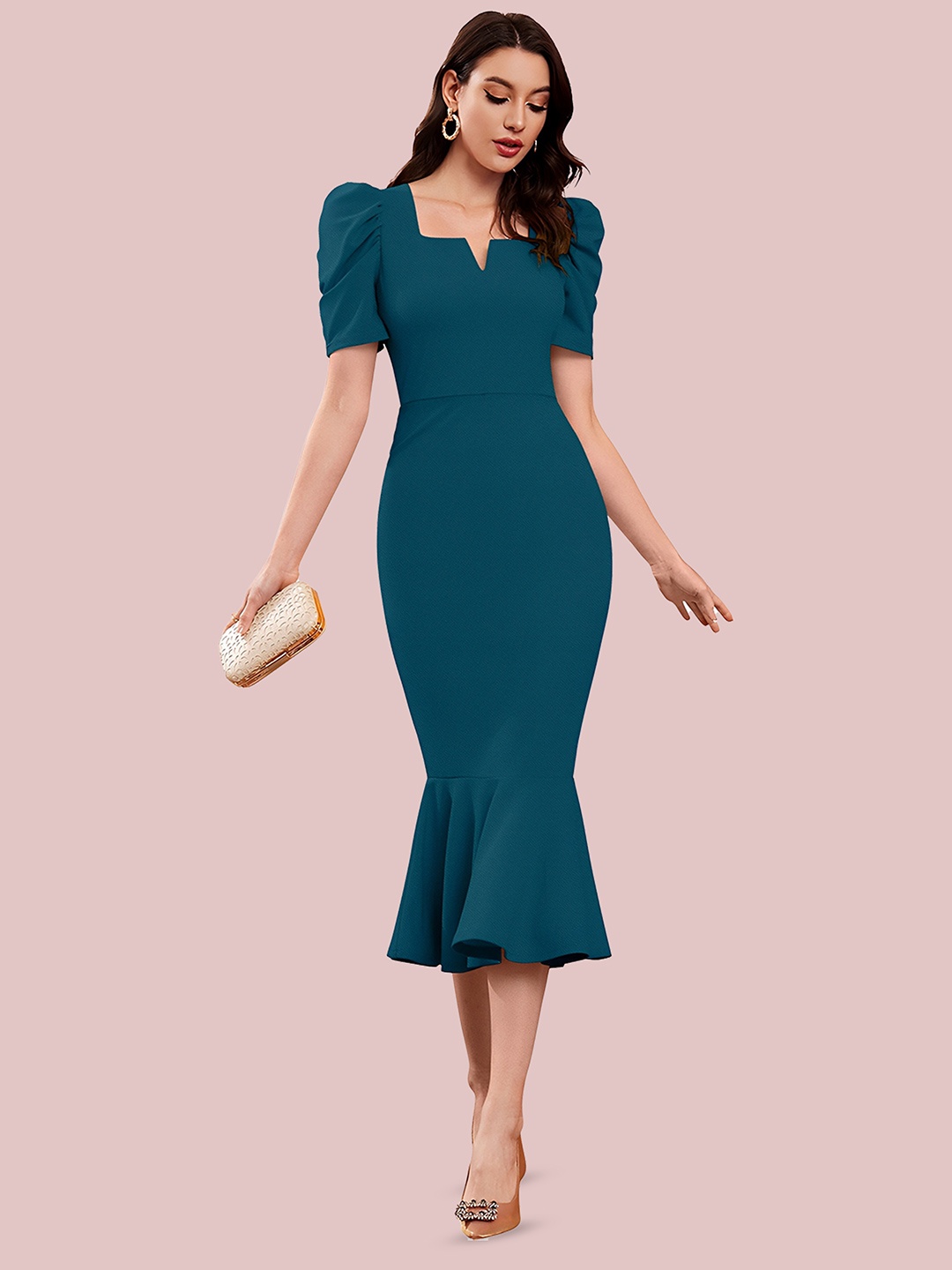 

N N ENTERPRISE Puff Sleeve Sheath Midi Dress, Teal