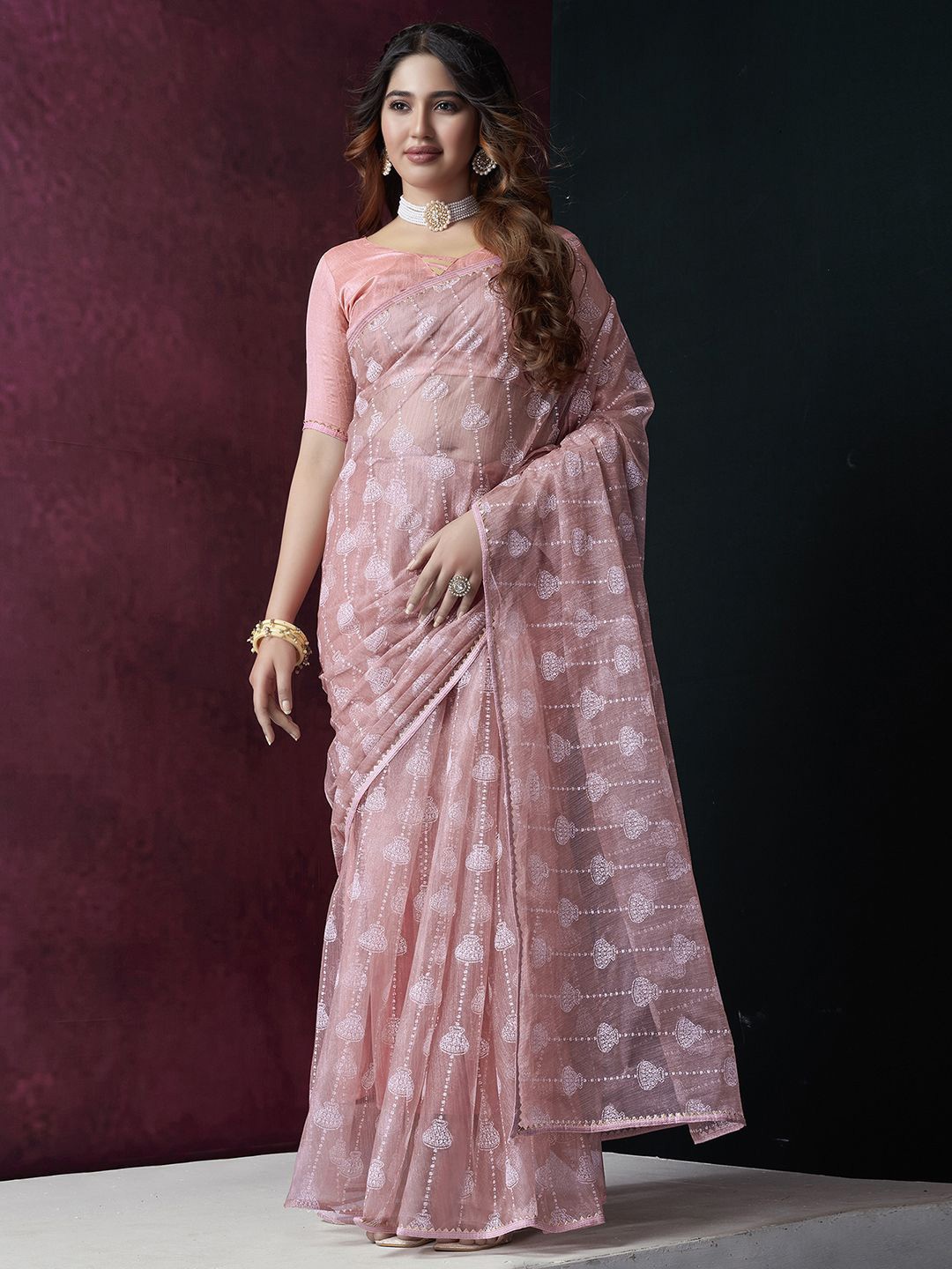 

KALINI Floral Gotta Patti Net Leheriya Saree, Pink