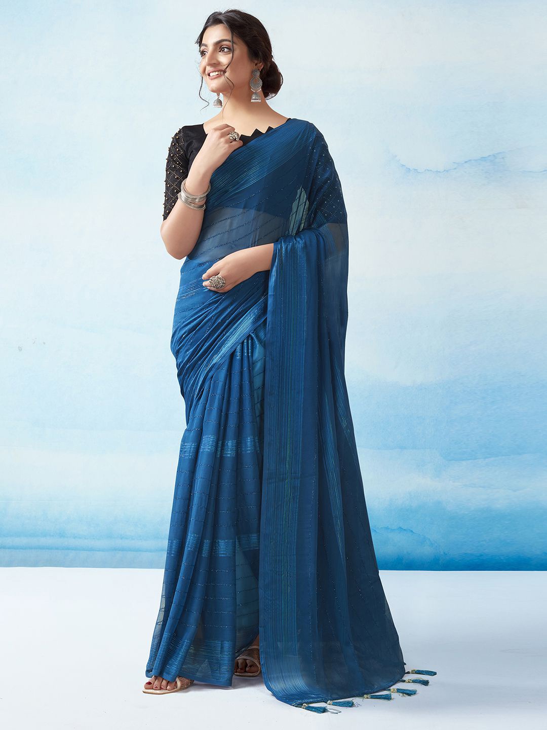 

KALINI Striped Leheriya Saree, Blue