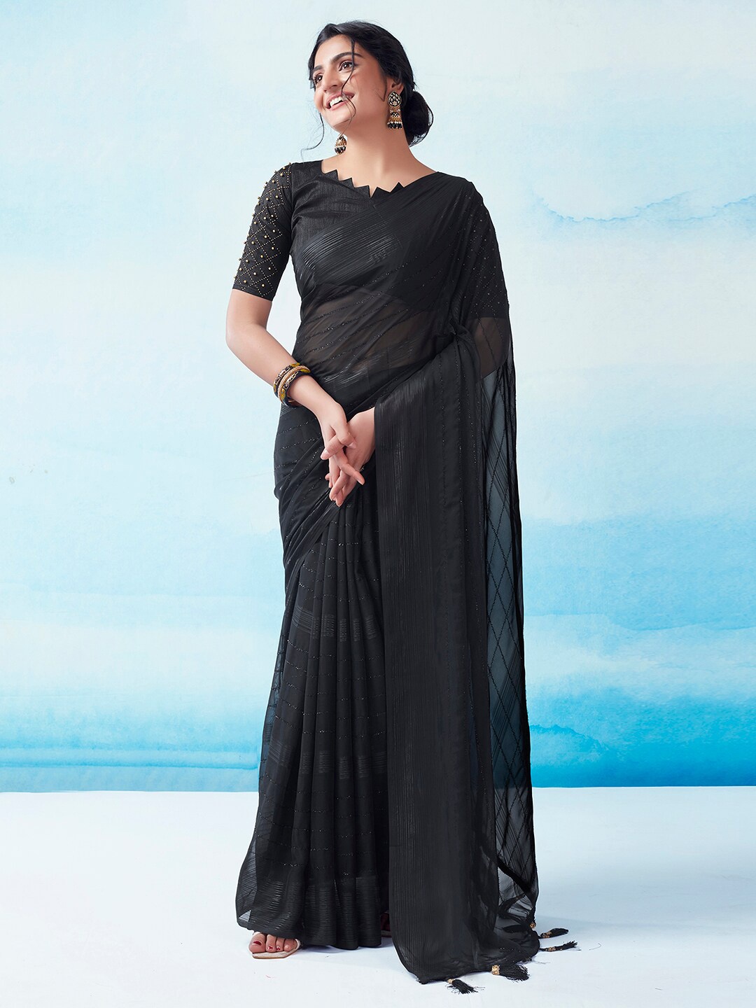 

KALINI Striped Zari Leheriya Saree, Black