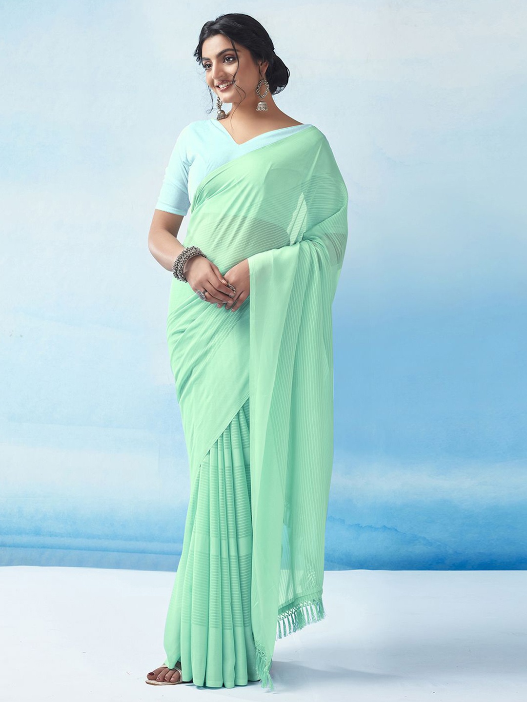 

KALINI Striped Leheriya Saree, Lime green