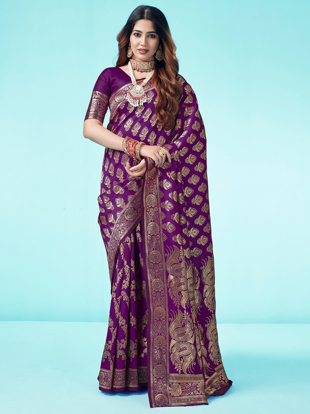 

KALINI Woven Design Zari Art Silk Banarasi Saree, Purple