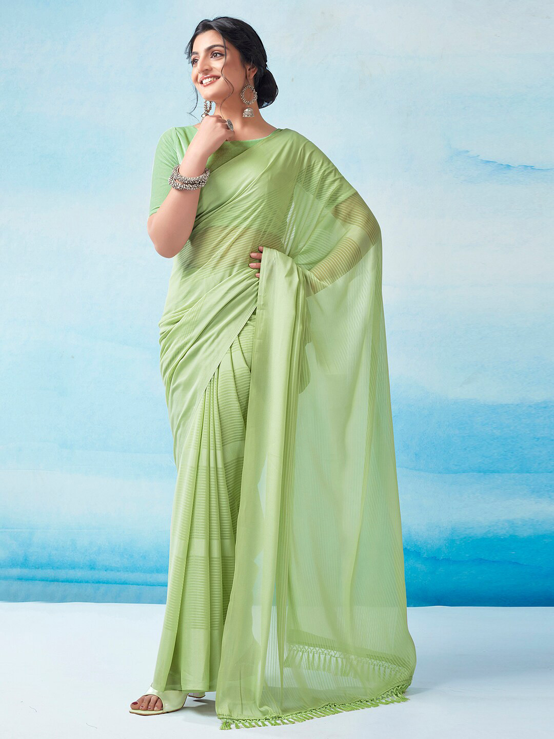 

KALINI Striped Leheriya Saree, Lime green