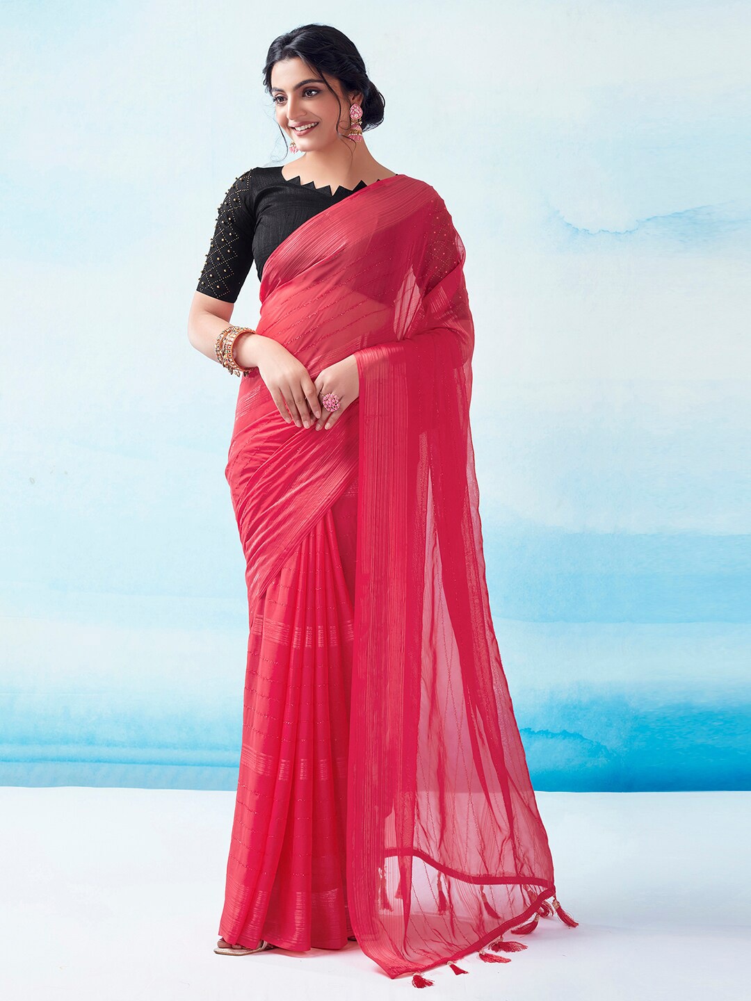 

KALINI Striped Leheriya Saree, Pink