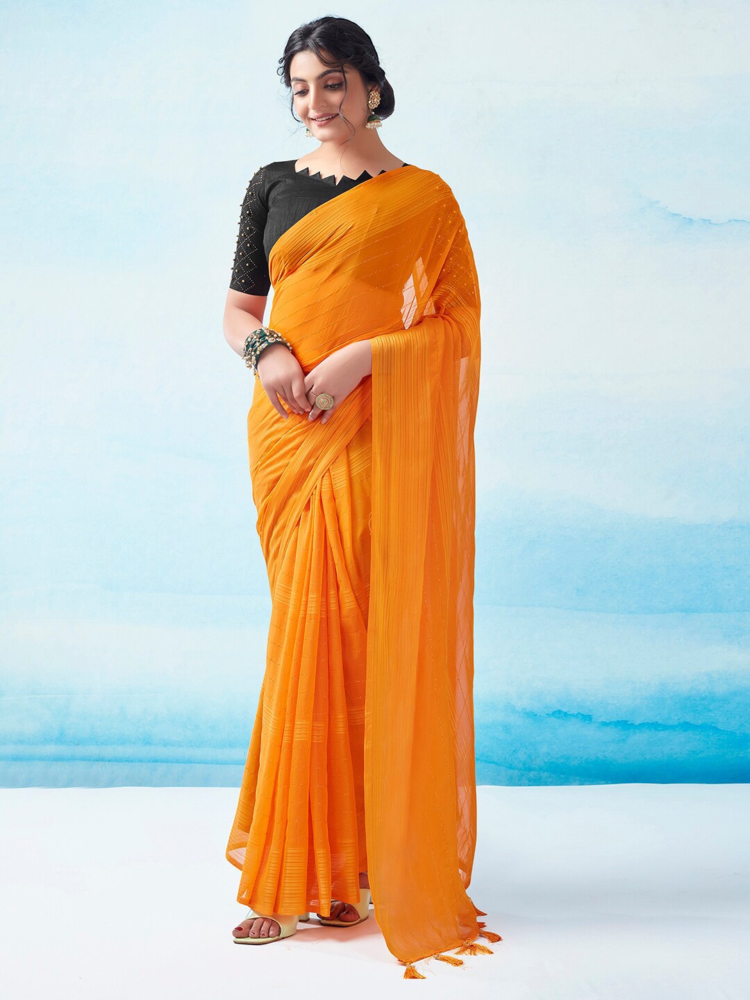 

KALINI Striped Leheriya Saree, Yellow