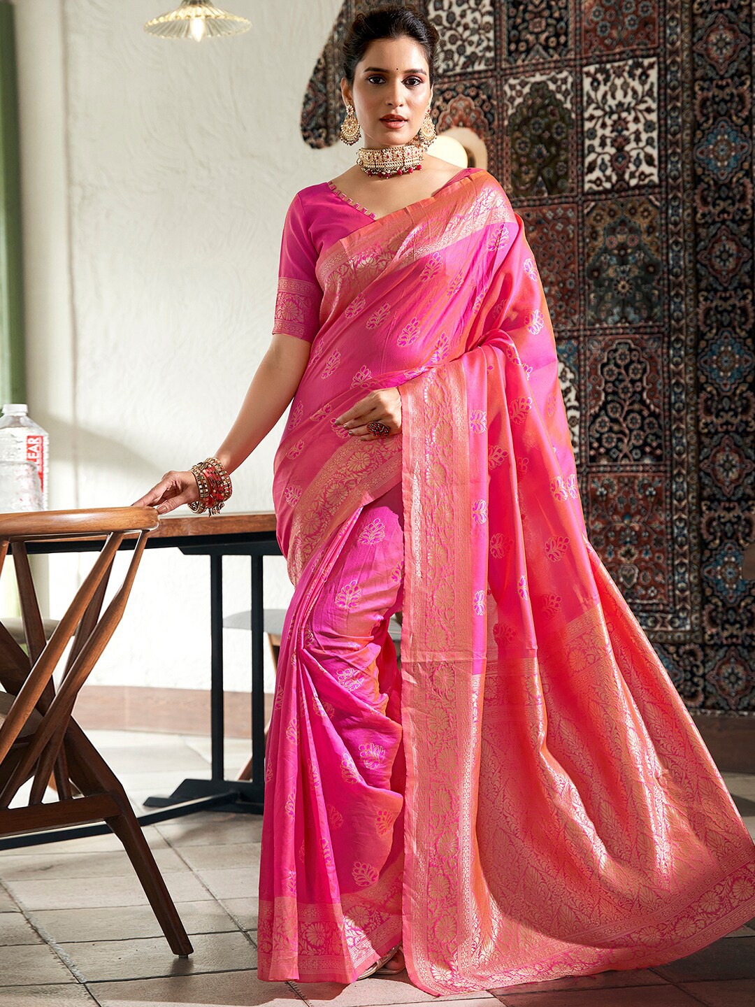 

KALINI Woven Design Zari Art Silk Banarasi Saree, Pink