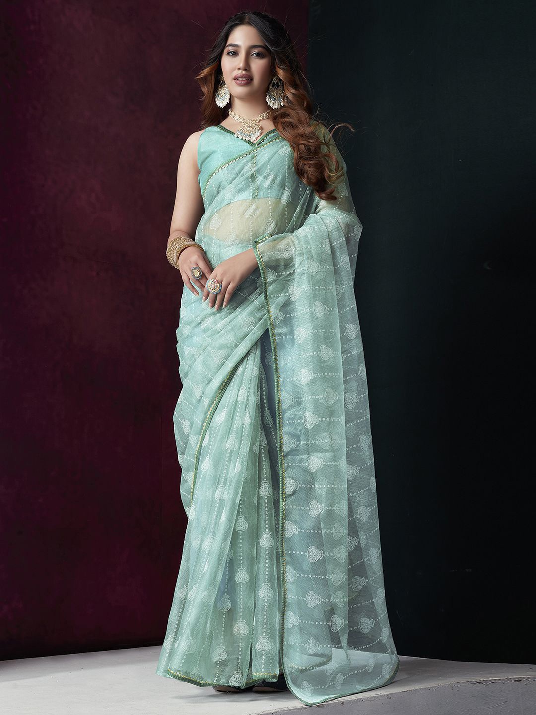 

KALINI Striped Gotta Patti Net Leheriya Saree, Blue