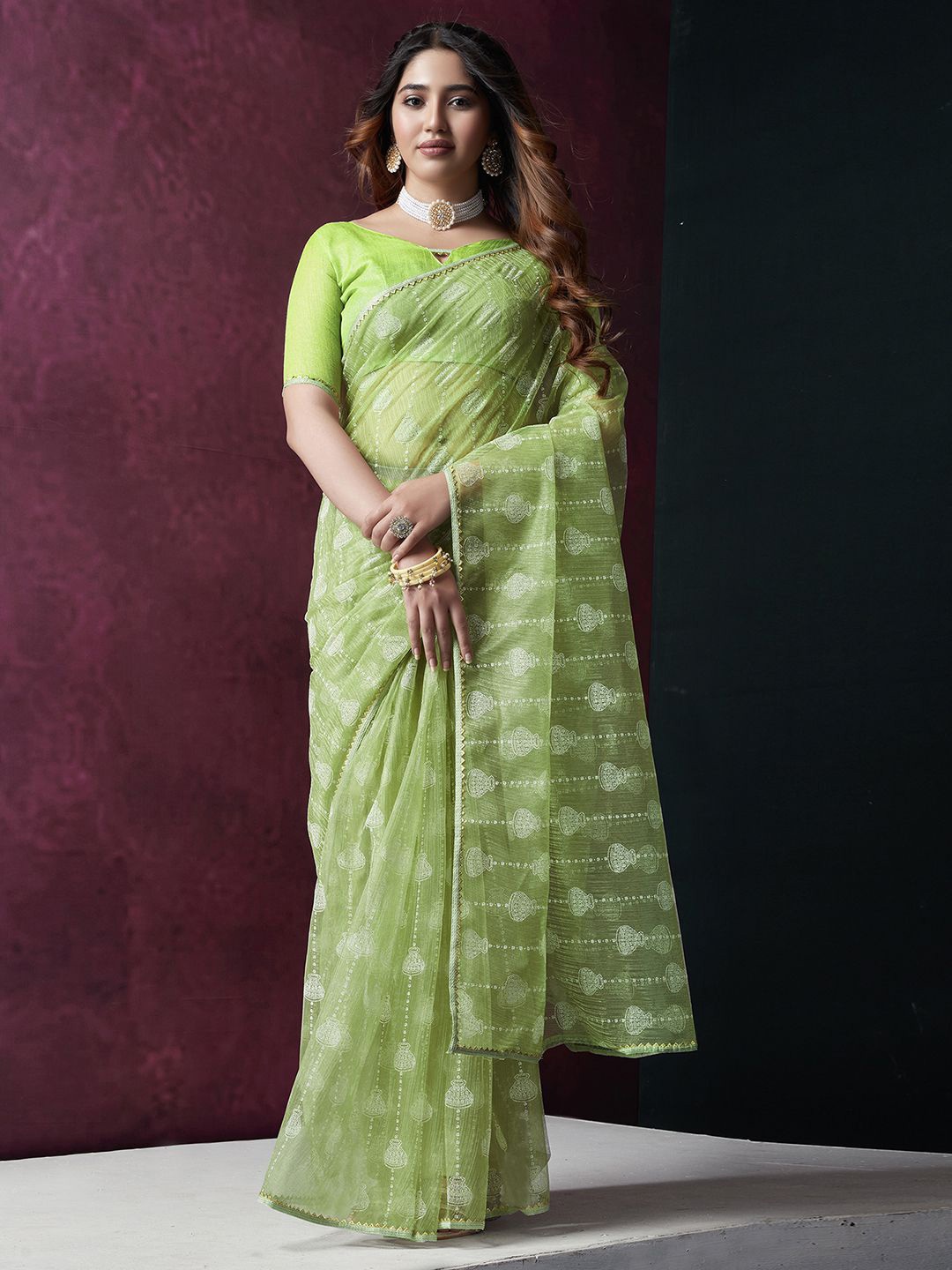 

KALINI Embellished Gotta Patti Net Leheriya Saree, Lime green