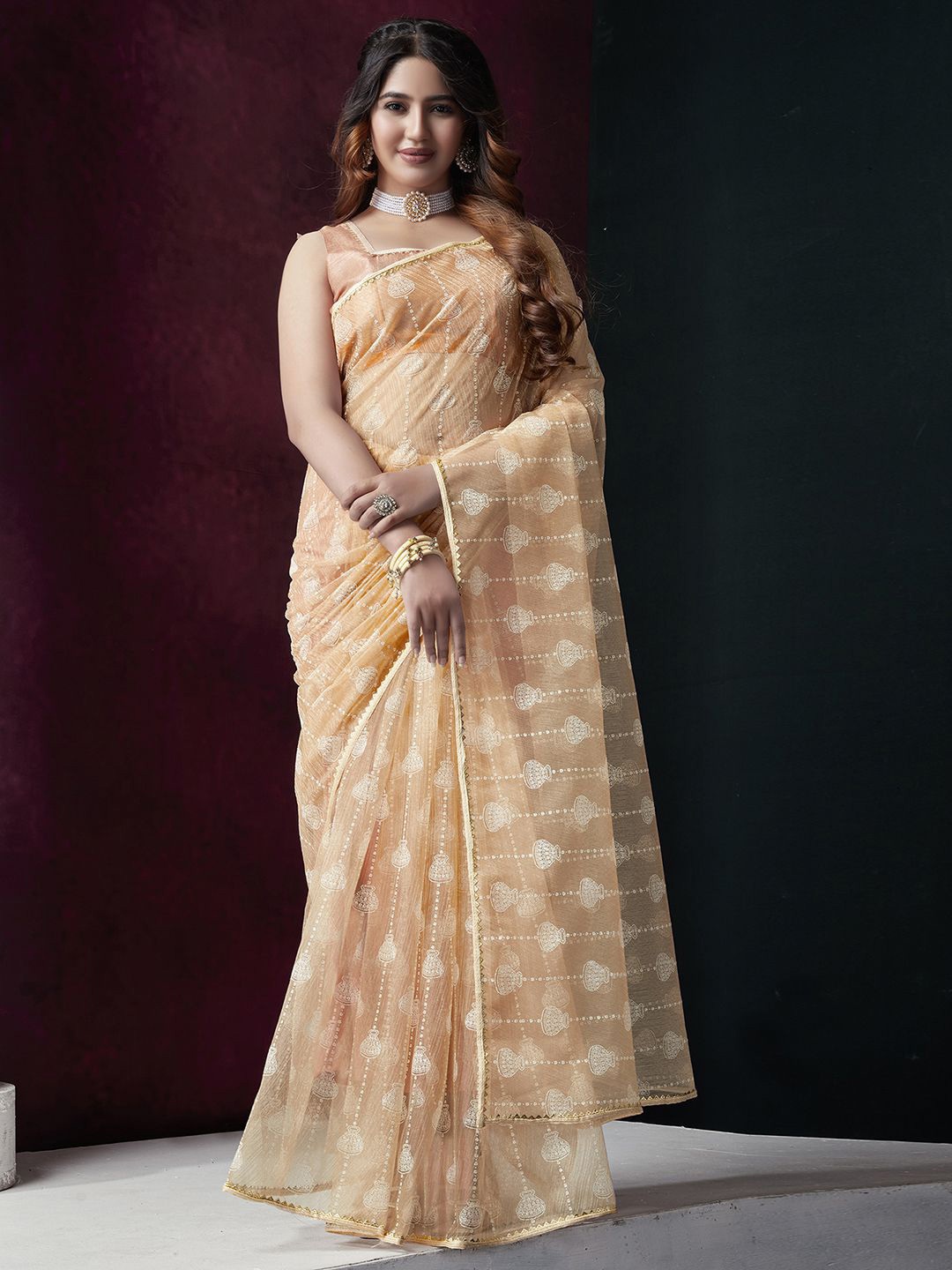 

KALINI Striped Gotta Patti Net Leheriya Saree, Orange