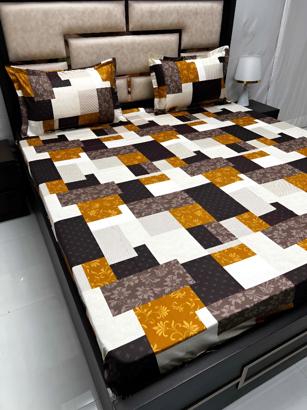

Pure Decor Brown & Mustard Floral 400 TC King Cotton Bedsheet with 2 Pillow Covers