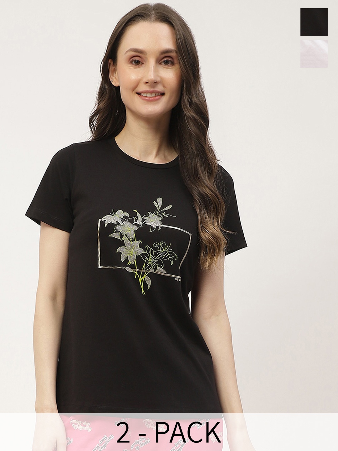 

MADAME M SECRET Pack Of 2 Printed Cotton Lounge T-Shirts, Black