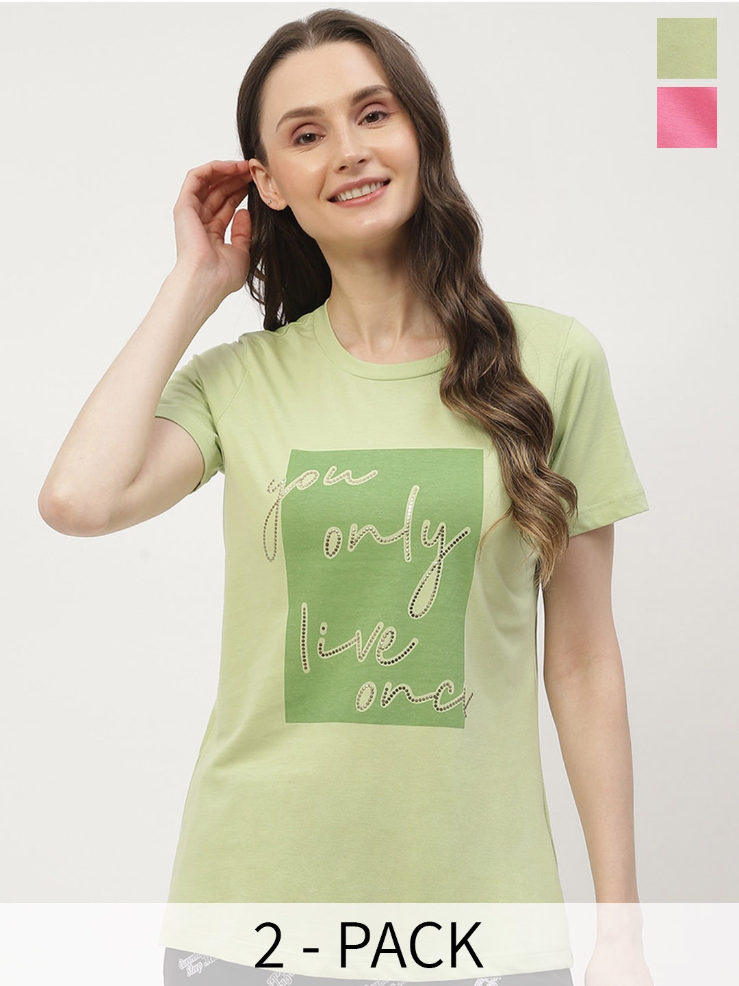 

MADAME M SECRET Women Pack of 2 Printed Lounge Tshirts, Green