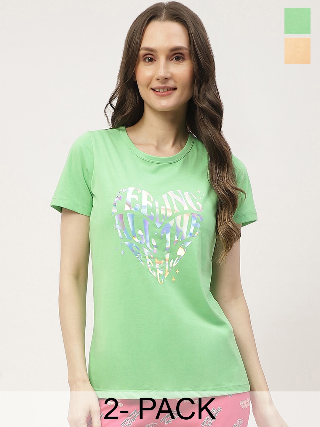 

MADAME M SECRET Pack Of 2 Printed Cotton Lounge T-Shirts, Green