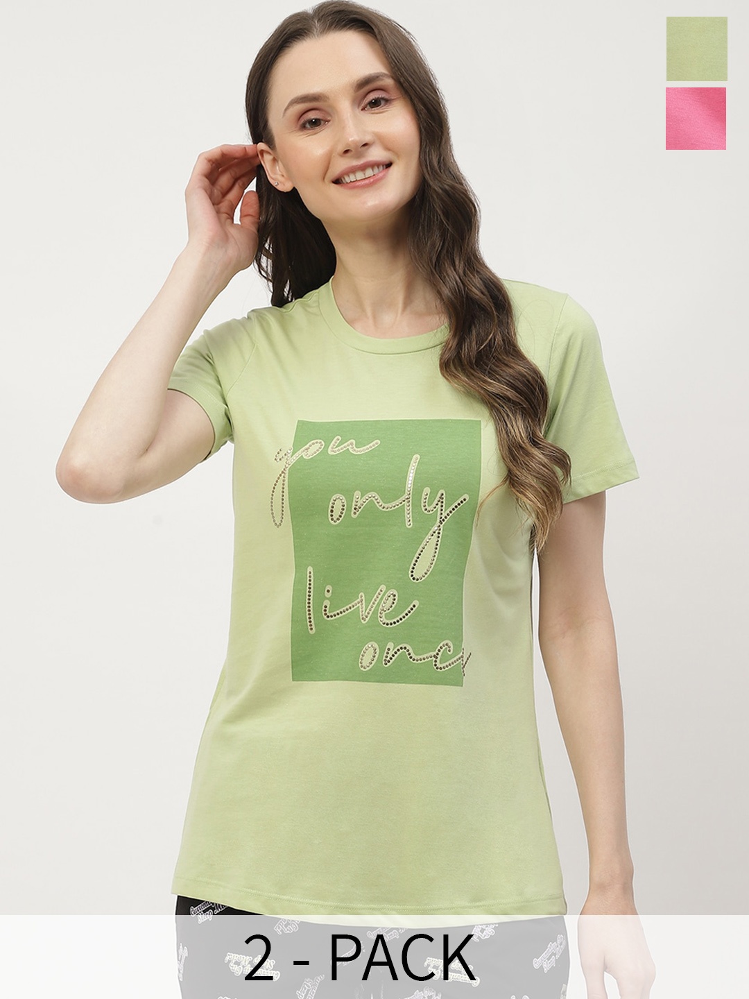 

MADAME M SECRET Pack Of 2 Printed Lounge Tshirts, Green