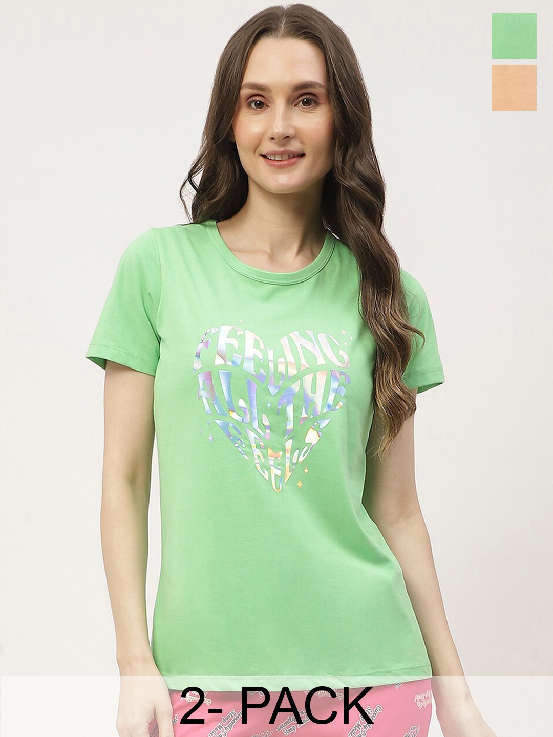 

MADAME M SECRET Pack Of 2 Printed Cotton Lounge T-shirt, Peach
