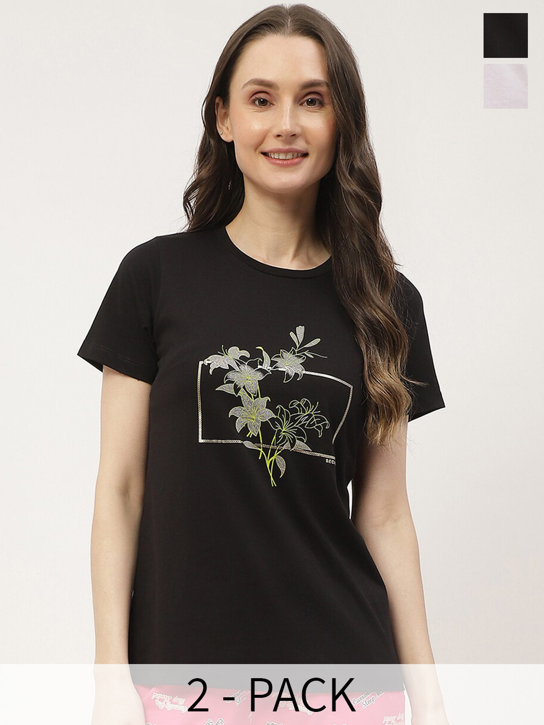 

MADAME M SECRET Pack Of 2 Printed Cotton Lounge T-shirt, Black