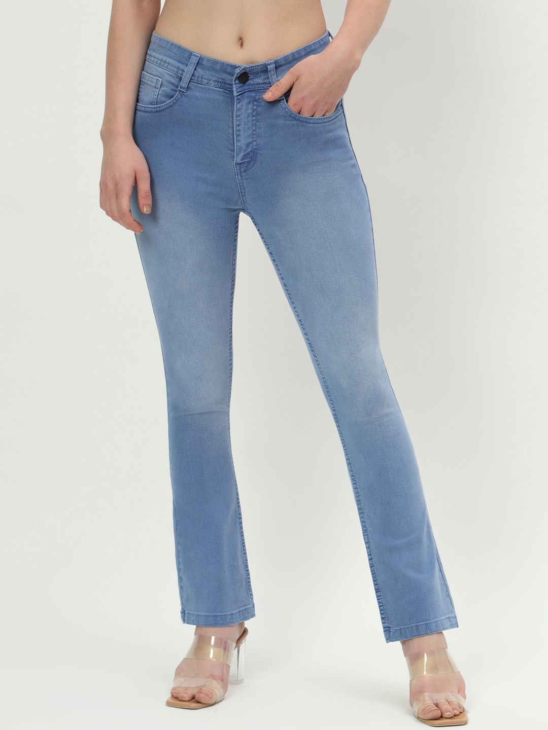 

AngelFab Women Jean Bootcut High-Rise Light Fade Cotton Jeans, Blue