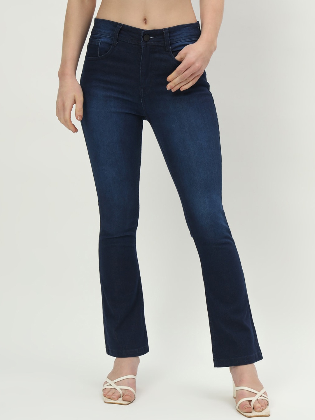 

AngelFab Women Jean Bootcut High-Rise Light Fade Cotton Jeans, Navy blue