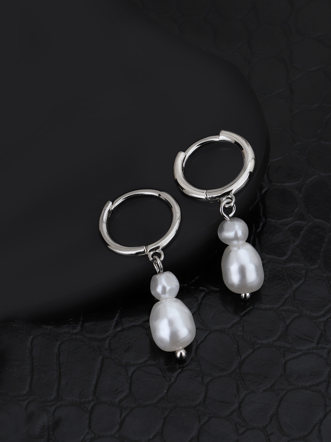 

Carlton London 925 Sterling Silver Rhodium Plated with Dangling Pearl Hoop Earrings