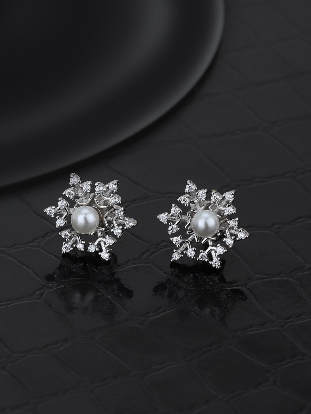 

Carlton London 925 Sterling Silver Rhodium Plated with CZ & Pearl Floral Stud Earrings