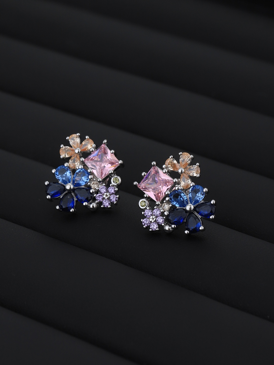 

Carlton London 925 Sterling Silver Rhodium Plated with CZ Floral Stud Earrings, Multi