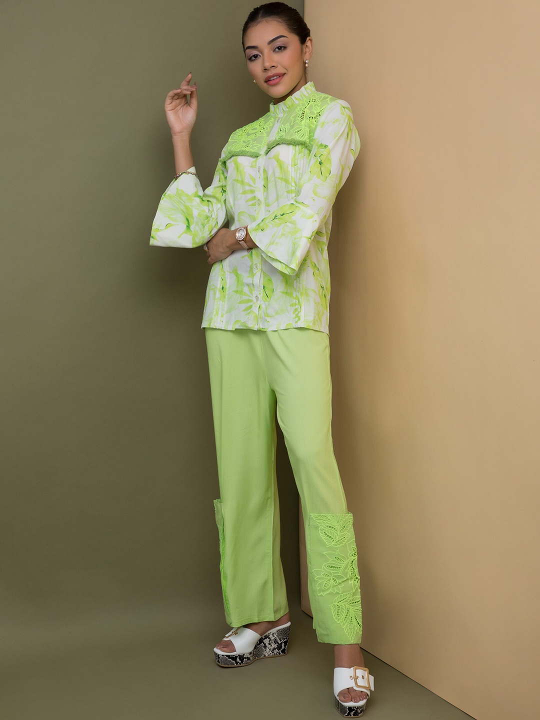 

Rhe-Ana Embroidered Shirt With Trousers Co-Ords, Lime green