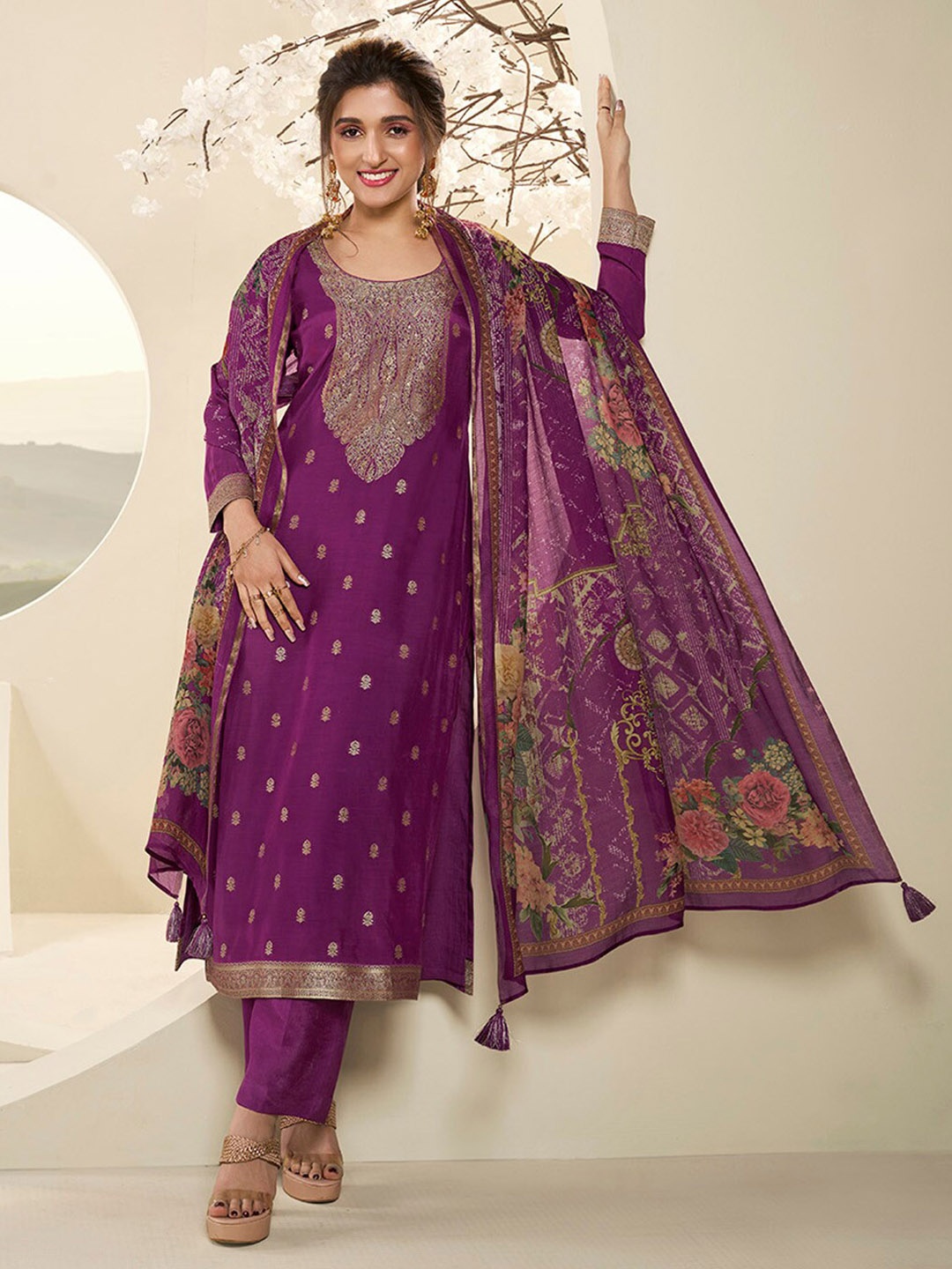 

Seerat Women Ethnic Motifs Printed Straight Kurta With Trouser & Dupatta, Purple